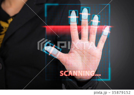 Businesswoman pressing scan bar code technology. 35879152
