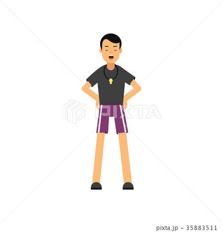 Flat character of fitness instructor standing with 35883511