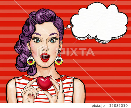 Pop Art woman hold heart with thought bubble. 35885050