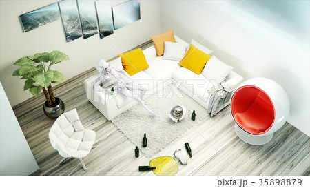 Funny alien with beer sit on sofa. Relax. Alien 35898879