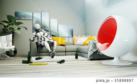 Robot sit on sofa. Relax. Concept of future. 3d Robot sit on sofa. Relax. Concept of future. 3d 35898897