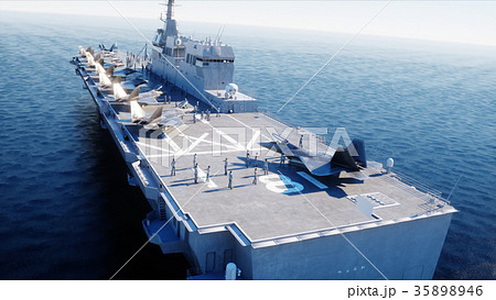Aircraft carrier in sea, ocean with fighter. War 35898946
