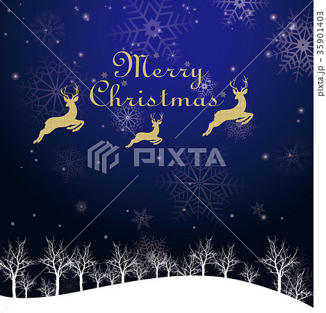 クリスマスのイメージ背景画像 夜景 紺 雪の結晶と樹氷の風景とトナカイのイラスト素材