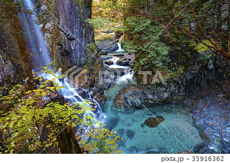 岐阜県 付知峡 不動滝の紅葉の写真素材