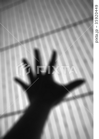 A man's hand reaching out for striped curtain A man's hand reaching out for striped curtain 35920449