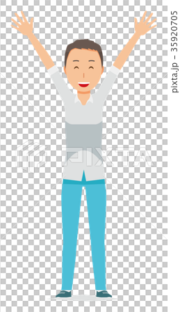 Illustration of a man wearing a short sleeved shirt raising both hands Illustration of a man wearing a short sleeved shirt raising both hands 35920705