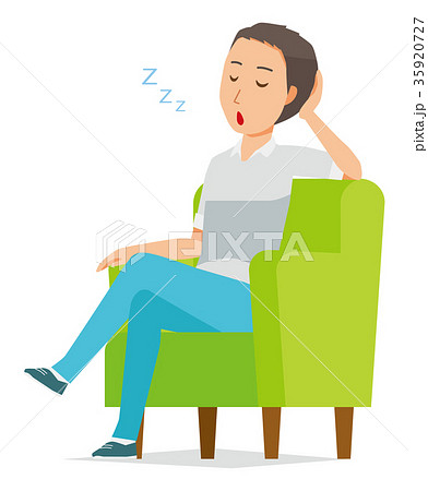 半袖のシャツを着た男性がソファーに座って居眠りをしているイラストのイラスト素材