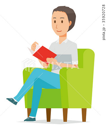 半袖のシャツを着た男性がソファーに座って読書をしているイラストのイラスト素材 35920728 Pixta