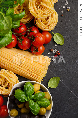 Pasta, vegetables, herbs, spices for Italian food. 35936714