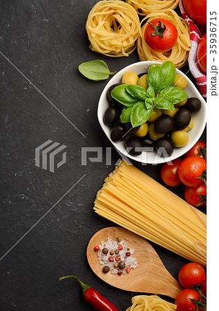 Pasta, vegetables, herbs, spices for Italian food. 35936715