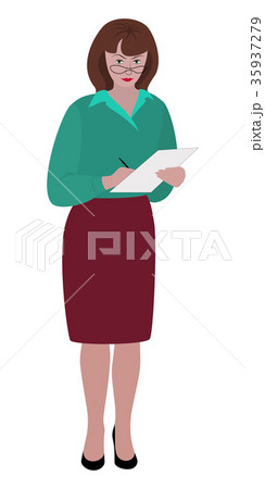 Female teacher makes notes in a notebook. Female teacher makes notes in a notebook. 35937279