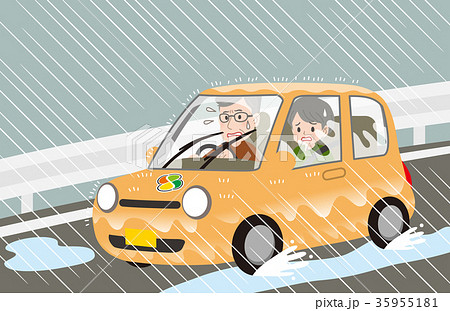 Elderly Couple Drive Heavy Rain Danger Orange Stock Illustration