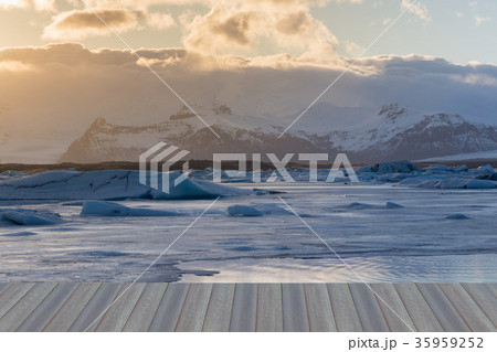 Ice freezing lake with volcano mountain 35959252