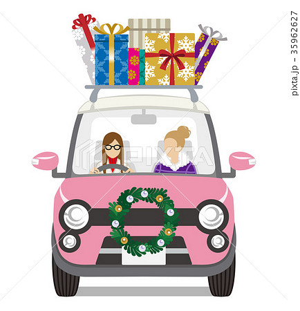 ギフトボックスを積んでクリスマスの装飾をした車 女友達のイラスト素材