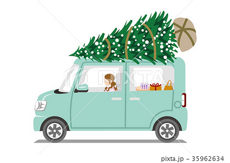 クリスマスツリーを積んだ車 横向き 若い女性のイラスト素材