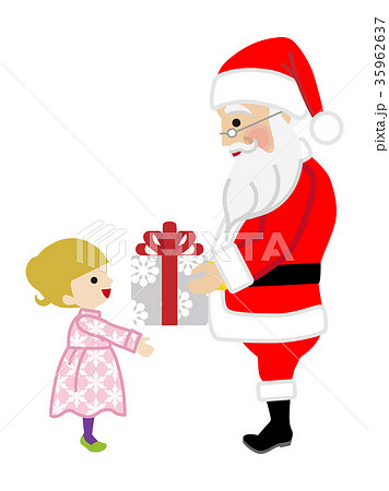 クリスマスプレゼントを手渡すサンタクロース 女の子のイラスト素材