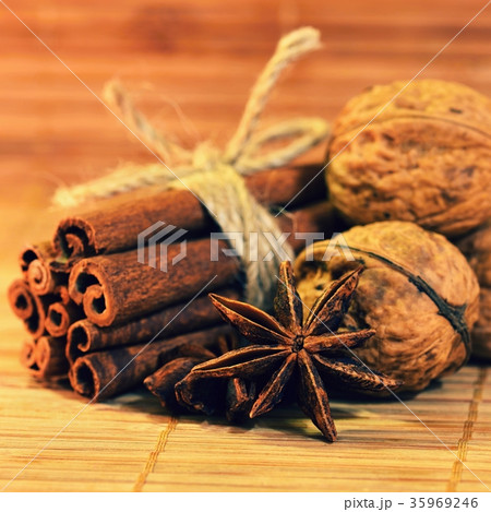 Cinnamon and star anise on a wooden background. Cinnamon and star anise on a wooden background. 35969246