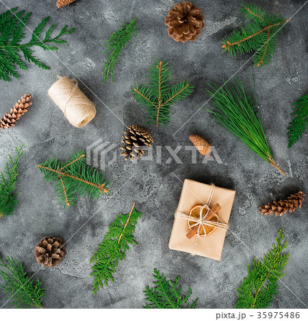 Christmas gift with twine, winter plants and cones Christmas gift with twine, winter plants and cones 35975486