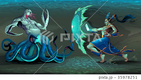 Fighting scene between elf and sea monster 35978251