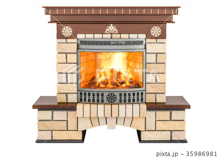 Fireplace front view, 3D rendering Fireplace front view, 3D rendering 35986981