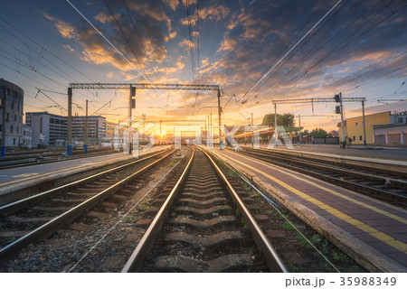 Railway station against beautiful colorful sky  35988349