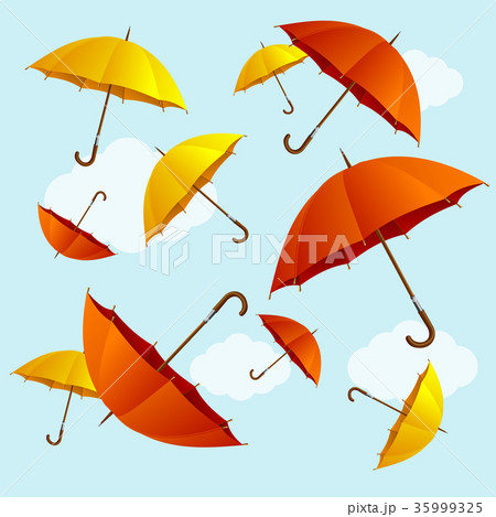Umbrellas Fall on Blue Sky Background Flat Design 35999325