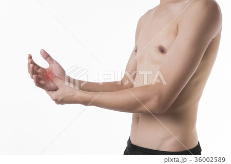 Young man pain in the palm on white background. 36002589