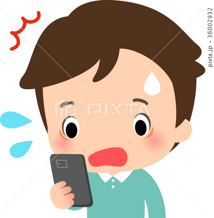 スマートフォンの画面を見て驚く男性のイラスト素材