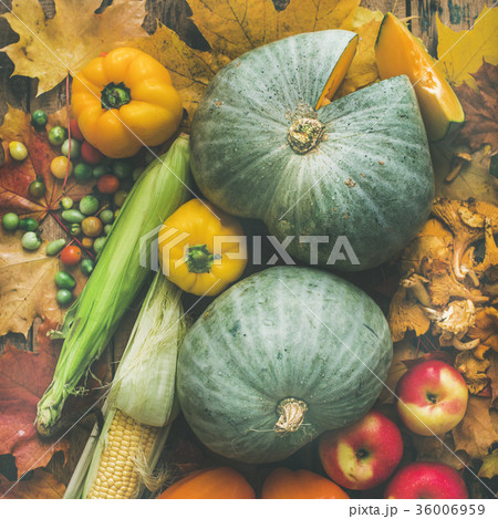 Fall vegetables assortment over wooden table 36006959