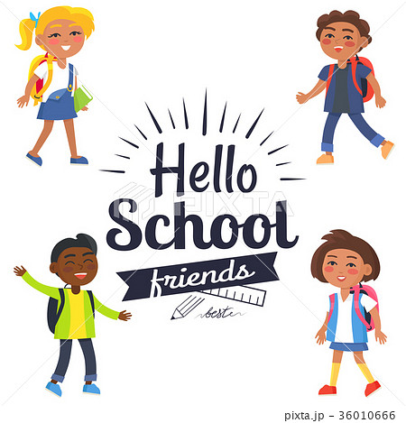 Hello School Friends Sticker With Pupils Vectorのイラスト素材