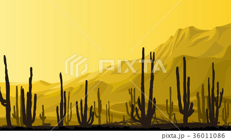 Illustration of prairie with cacti at sunset. 36011086