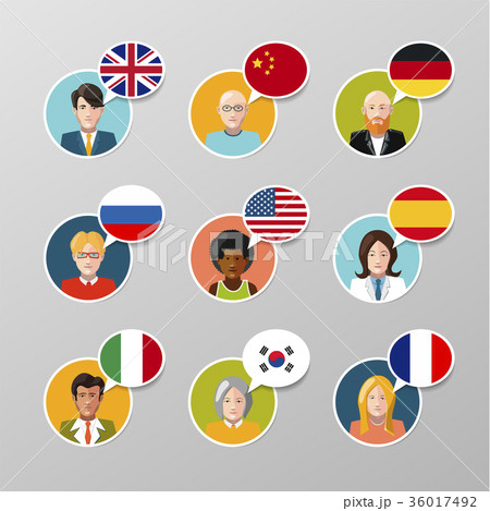 Nine user avatars with language speech bubbles 36017492