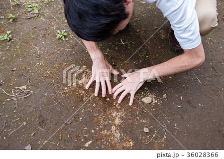 土を掘る男性の写真素材