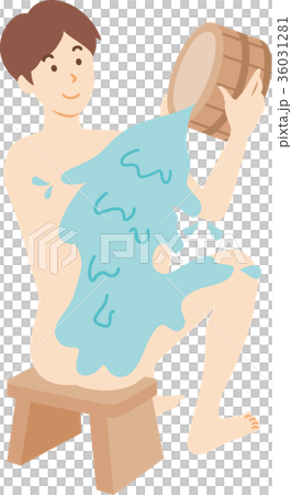風呂場で座ってかけ湯をする男性 36031281