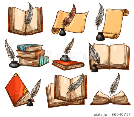 Old book, paper scroll and feather pen sketch set Old book, paper scroll and feather pen sketch set 36040717