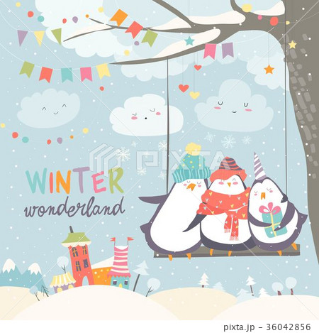 Happy penguins swinging in winter park 36042856