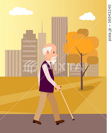 Senior Man with Walking Stick in City Park Poster Senior Man with Walking Stick in City Park Poster 36043240