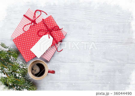 Christmas gift box, coffee cup and fir tree 36044490