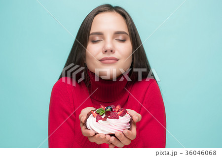 Beautiful women holding small cake. Birthday Beautiful women holding small cake. Birthday 36046068
