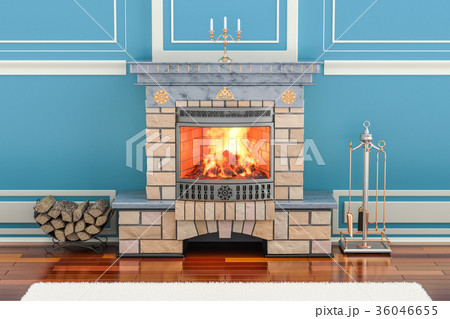 Home interior with fireplace, 3D rendering 36046655