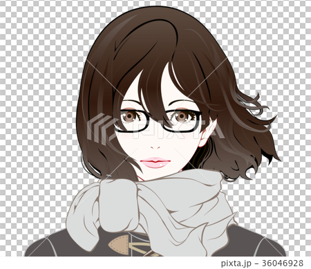メガネをかけた女性の表情 / 冬服 / 真顔 / なびく髪 36046928