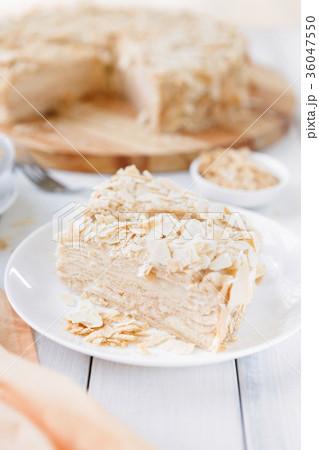 Portion of classic Napoleon cake closeup Portion of classic Napoleon cake closeup 36047550