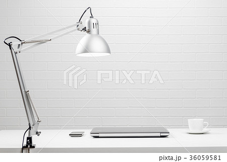 Empty workplace - white table and white brick wall 36059581