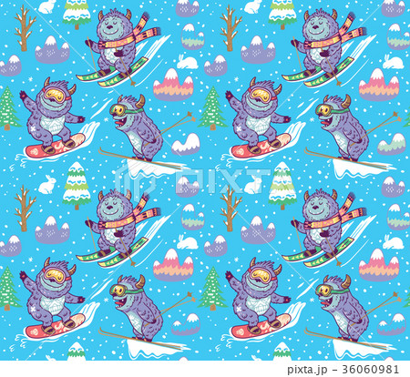 Winter skii pattern design with fun monsters 36060981