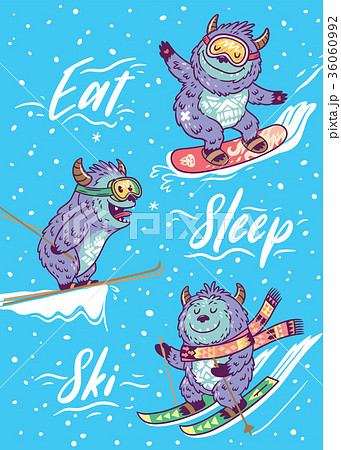 Holiday card with funny skiing yettis. Vector 36060992