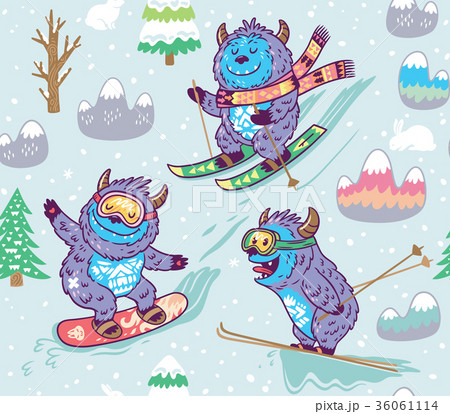 Cute yeti skiing in the mountain seamless pattern 36061114