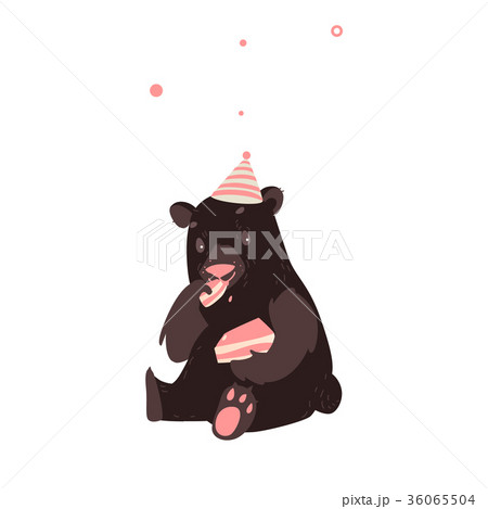 Bear in party hat sitting and eating birthday cake 36065504