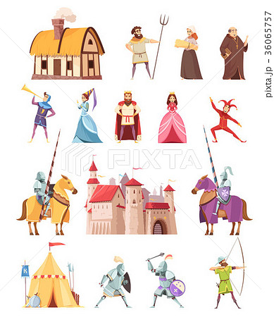 Medieval Characters Buildings Icons Set 36065757