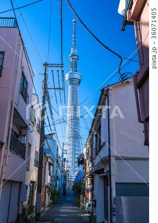 東京都 スカイツリー 下町の路地の写真素材