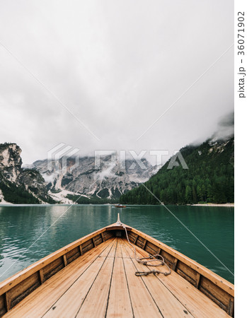 Boats on Lago di Braies mountain lake Boats on Lago di Braies mountain lake 36071902